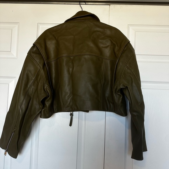 AGOLDE x SHOREDITCH SKI CLUB Cropped Leather Biker Jacket Remi Moto Olive Green - Picture 4 of 5